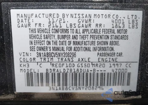 2022 Nissan Sentra Sv Xtronic Cvt z USA, uszkodzony, nr VIN 3N1AB8CV5NY208296